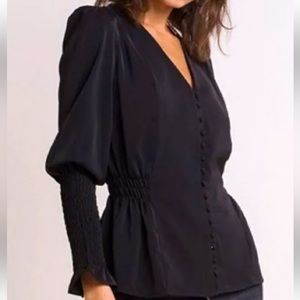 Alpha & Omega Long Sleeve Button Down Smocked Black Classy Blouse Women’s Size L